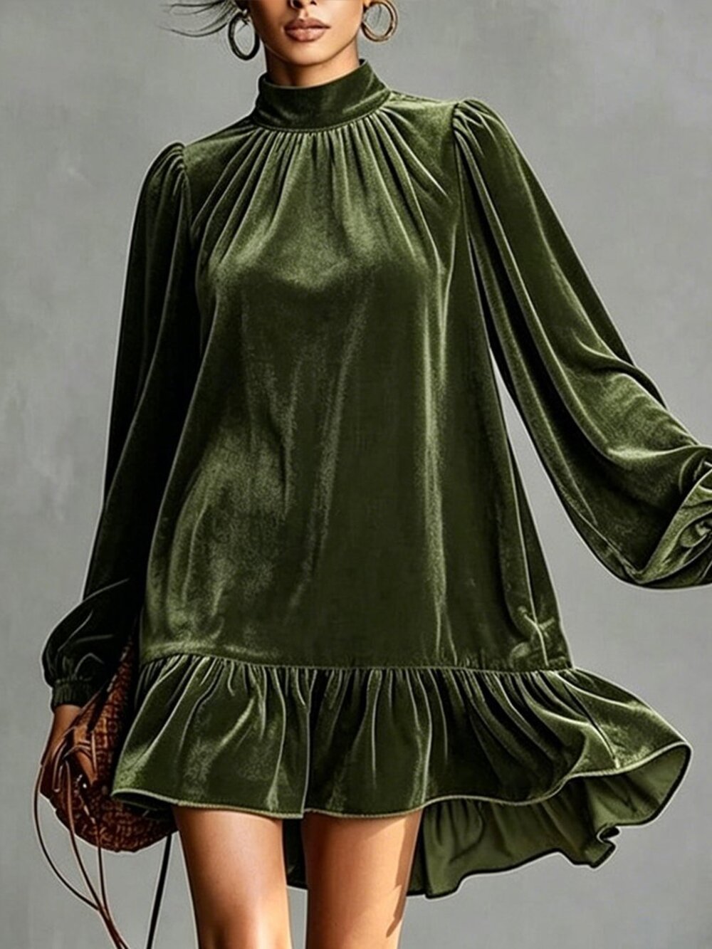 Green Elegant Women's Loose Low Waist Stand Collar Raglan Smock Dress